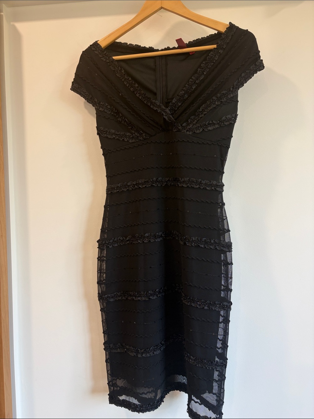JS Collections Black V-Neck Cocktail Dress with Ruffle and sequence Trim